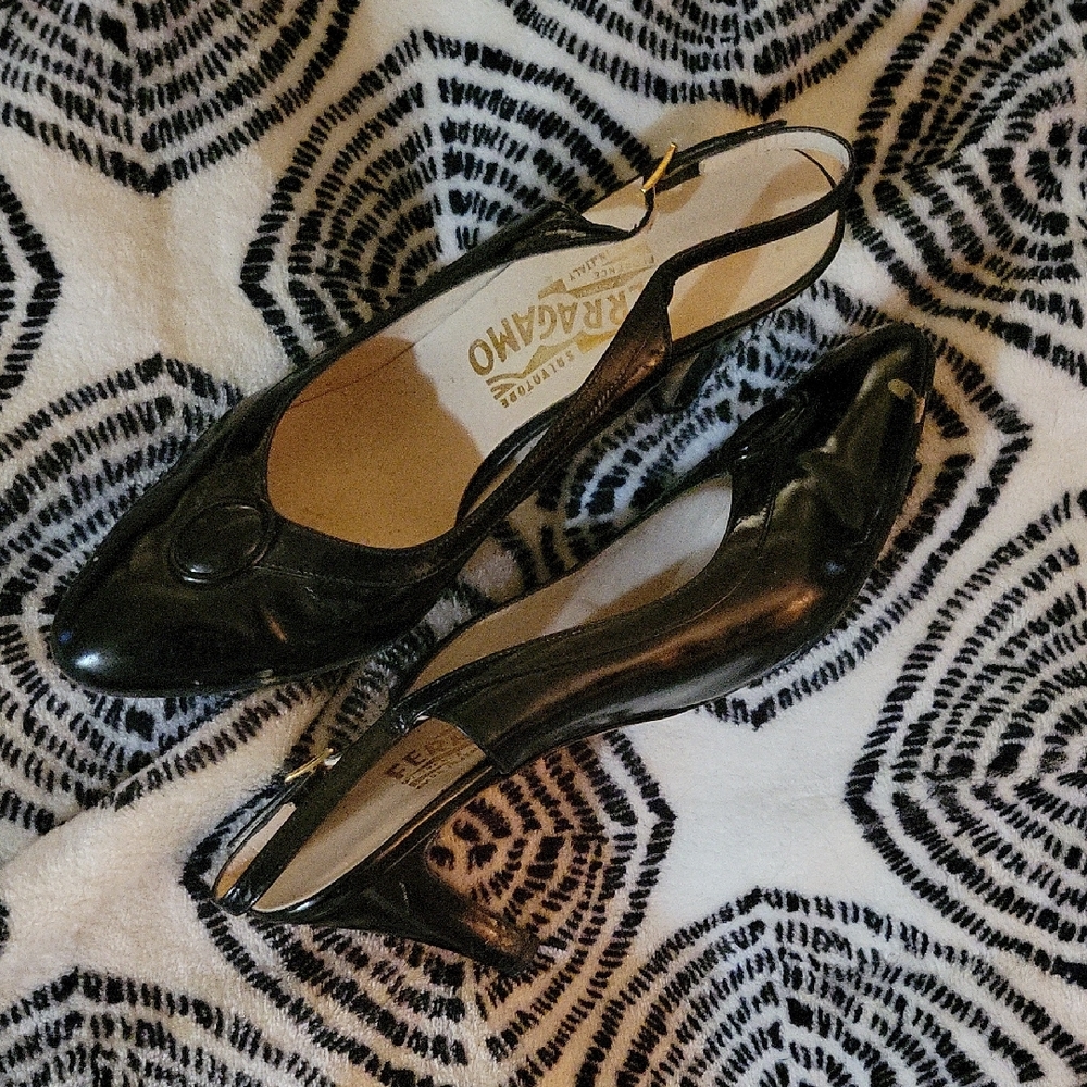 Salvatore Ferragamo Black Patent Leather Cabochon Gem Slingback Kitten Heels